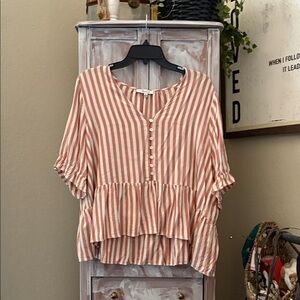 Madewell Peach and White Striped Button-Front Peplum Tunic
